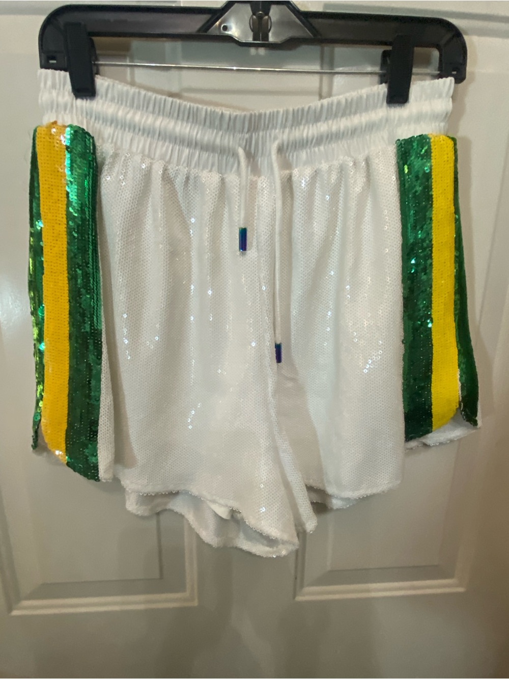 QUEEN OF SPARKLES White Sequin Athletic Shorts with Green & Yellow Stripes NWOT
